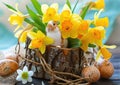 Easter still life with bouquet of daffodils in vase from bark of wood, Easter eggs and cute rabbit