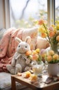 easter still life with bunny and eggs easter table setting easter still life Royalty Free Stock Photo