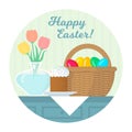 Easter still life with cake on plate, basket with eggs, vase. Flat vector illustration