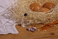 Censer, candles, cross and eggs in a nest on a table