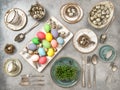 Easter still life colored eggs table place setting decoration Royalty Free Stock Photo