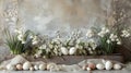 Easter Still Life: Delicate White Flowers and Eggs in Rustic Setting Royalty Free Stock Photo