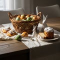 Easter Still Life with Eggs, Cake and Buns Royalty Free Stock Photo