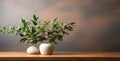 Easter still life featuring eggs in a vase surrounded by a variety of potted plants, including ficus and rosemary