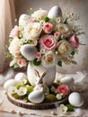 Easter still life with festive Easter bouquet, multi color Easter eggs and bunnies on table. Home festive decor