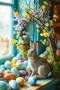 Easter still life with festive Easter wreath, multi color Easter eggs and bunnies
