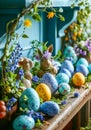 Easter still life with festive Easter wreath, multi color Easter eggs and bunnies