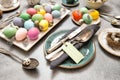 Easter still life table place decoration colored eggs Royalty Free Stock Photo