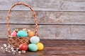 Easter still life, wooden background. Royalty Free Stock Photo
