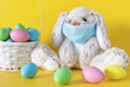 Ester holiday during coronavirus concept. Easter bunny in mask and colored eggs in basket on yellow background.