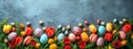 Easter style decoration banner. Coloured eggs and coloured tulips on blue background. Holiday celebration greeting card. Copy