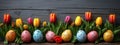 Easter style decoration banner. Coloured eggs and coloured tulips on dark grey wooden background. Holiday celebration greeting