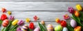 Easter style decoration banner. Coloured eggs and coloured tulips on light grey wooden background. Holiday celebration greeting