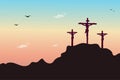 Jesus christ on the cross at calvary mountain with two thieves. Illustration of crucifixion of son of God for christain Royalty Free Stock Photo