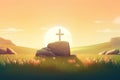 Easter Sunday concept: Empty tomb stone with cross on meadow sunrise background. Generative AI Royalty Free Stock Photo