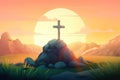 Easter Sunday concept: Empty tomb stone with cross on meadow sunrise background. Generative AI Royalty Free Stock Photo