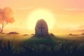 Easter Sunday concept: Empty tomb stone with cross on meadow sunrise background. Generative AI Royalty Free Stock Photo