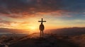 Easter Sunday concept: Silhouette family looking for the cross of Jesus Christ on autumn sunrise background Royalty Free Stock Photo