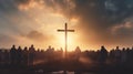 Easter Sunday concept: Silhouette family looking for the cross of Jesus Christ on autumn sunrise background Royalty Free Stock Photo