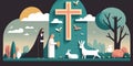 Easter Sunday. Easter vector illustration. Cave. Empty tomb of Jesus. Scripture