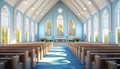 Easter sunday serene church interior illuminated by radiant light and stained glass windows Royalty Free Stock Photo