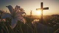 Easter Sunrise with Cross and Lilies: A Cinematic Fine Detail Composition for Religious Invitations.