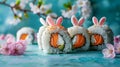 Easter sushi shaped like a bunny on the blue table with spring flowers