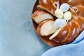 Easter sweet bread. Wicker homemade sliced bread.