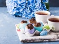 Easter sweet cup cakes treets in colorful egg shells on blue Royalty Free Stock Photo