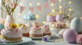 Easter sweets. Colorful cream cupcakes, candy and colored Easter eggs on blue background. Conceptual symbols of Easter.