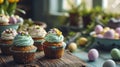 Easter sweets. Colorful cream cupcakes and colored Easter eggs on old weathered board