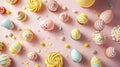 Easter sweets on pink background. Colorful cream cakes and sweets in the shape of Easter eggs. Conceptual symbols of Easter