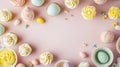 Easter sweets on pink background. Colorful cream cakes and sweets in the shape of Easter eggs. Conceptual symbols of Easter.