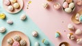 Easter sweets on pink and turquoise background. Colorful cream cakes and sweets in the shape of Easter eggs.