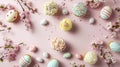 Easter sweets on pink and turquoise background. Colorful cream cakes and sweets in the shape of Easter eggs.