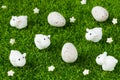 Easter symbolic decorations white flowers, mini cute lambs and c