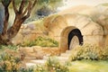 Watercolor illustration of the empty tomb carved out of rock in a beautiful garden Royalty Free Stock Photo