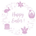 Easter cake, basket, eggs, rabbit, flowers, angel. Royalty Free Stock Photo