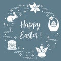 Easter cake, basket, eggs, rabbit, flowers, angel. Royalty Free Stock Photo