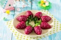 Easter table. Appetizer on a festive table of beets, potatoes and herring Royalty Free Stock Photo