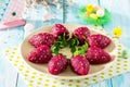 Easter table. Appetizer on a festive table of beets, potatoes and herring Royalty Free Stock Photo
