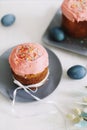 Easter table with Easter cakes, painted eggs and tree branches. Kulich decorated with icing.  Happy Easter concept Royalty Free Stock Photo