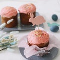 Easter table with Easter cakes, painted eggs and tree branches. Kulich decorated with icing.  Happy Easter concept Royalty Free Stock Photo