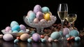 Easter table decor. Bright multi-colored chicken and quail eggs for an elegant spring holiday Royalty Free Stock Photo