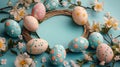 easter table decorations, a warm easter flat lay with a blank canvas, wicker baskets, painted eggs, and spring blossoms Royalty Free Stock Photo