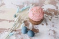 Easter table with Easter cakes, painted eggs and tree branches. Kulich decorated with icing.  Happy Easter concept Royalty Free Stock Photo