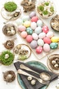 Easter table place setting decoration colored eggs vintage tableware Royalty Free Stock Photo