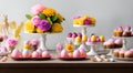 Easter table place setting decoration with colorful eggs. Traditional Easter treats on festive table decorated with spring flowers