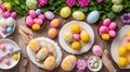 Easter table place setting decoration with colorful eggs. Traditional Easter treats on festive table decorated with spring flowers Royalty Free Stock Photo