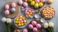 Easter table place setting decoration with colorful eggs. Traditional Easter treats on festive table decorated with spring flowers